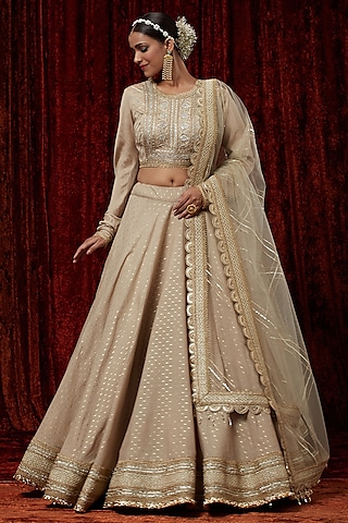 Light Gold Cotton Chanderi Gota Embroidered Lehenga Set by Shikhar Sharma
