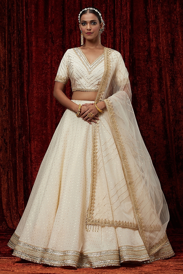Ivory Cotton Chanderi Gota Embroidered Lehenga Set by Shikhar Sharma at Pernia's Pop Up Shop