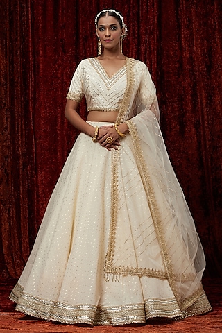 Ivory Cotton Chanderi Gota Embroidered Lehenga Set by Shikhar Sharma
