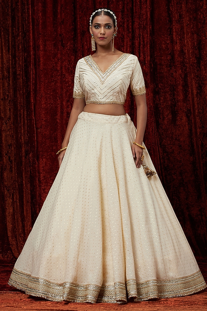 Ivory Cotton Chanderi Gota Embroidered Wedding Lehenga Set by Shikhar Sharma at Pernia's Pop Up Shop