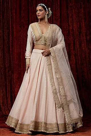 Light Peach Cotton Chanderi Gota Embroidered Lehenga Set by Shikhar Sharma