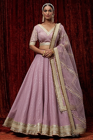 Dusty Purple Cotton Chanderi Gota Embroidered Lehenga Set by Shikhar Sharma