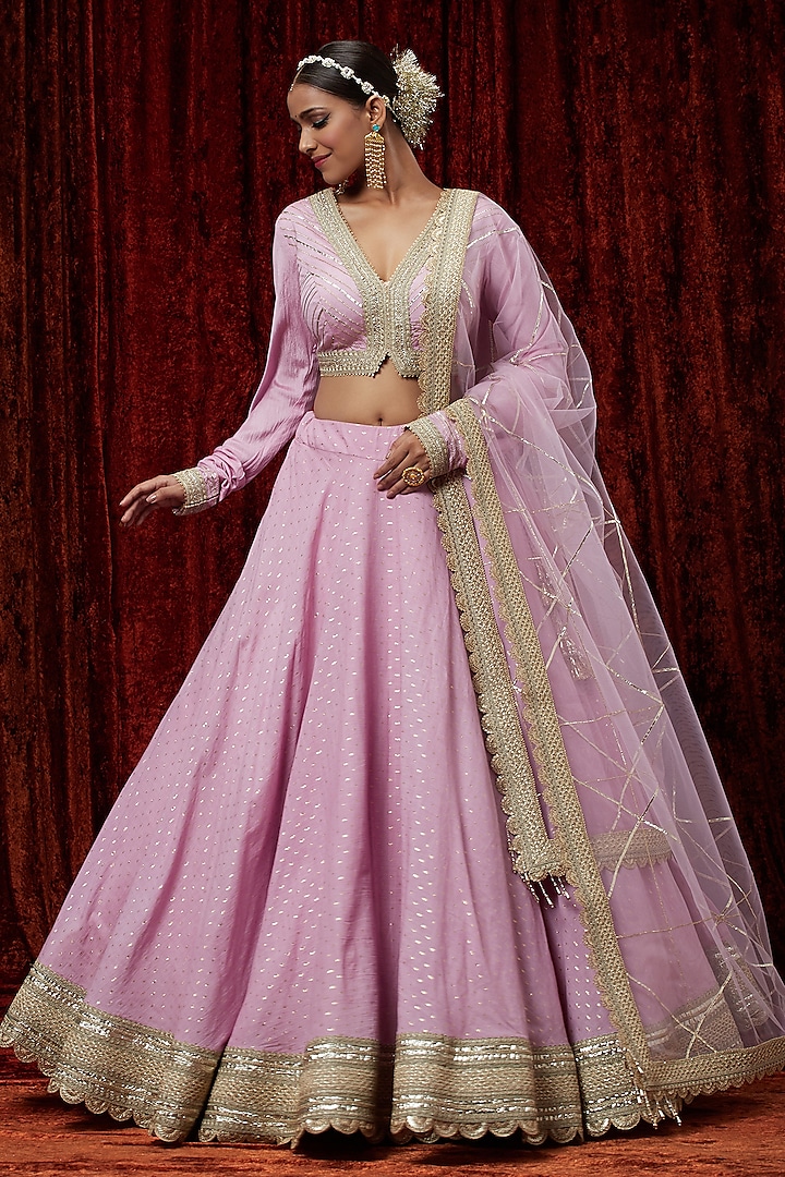 Lilac Cotton Chanderi Gota Embroidered Wedding Lehenga Set by Shikhar Sharma at Pernia's Pop Up Shop