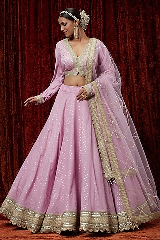 Lilac Cotton Chanderi Gota Embroidered Lehenga Set by Shikhar Sharma