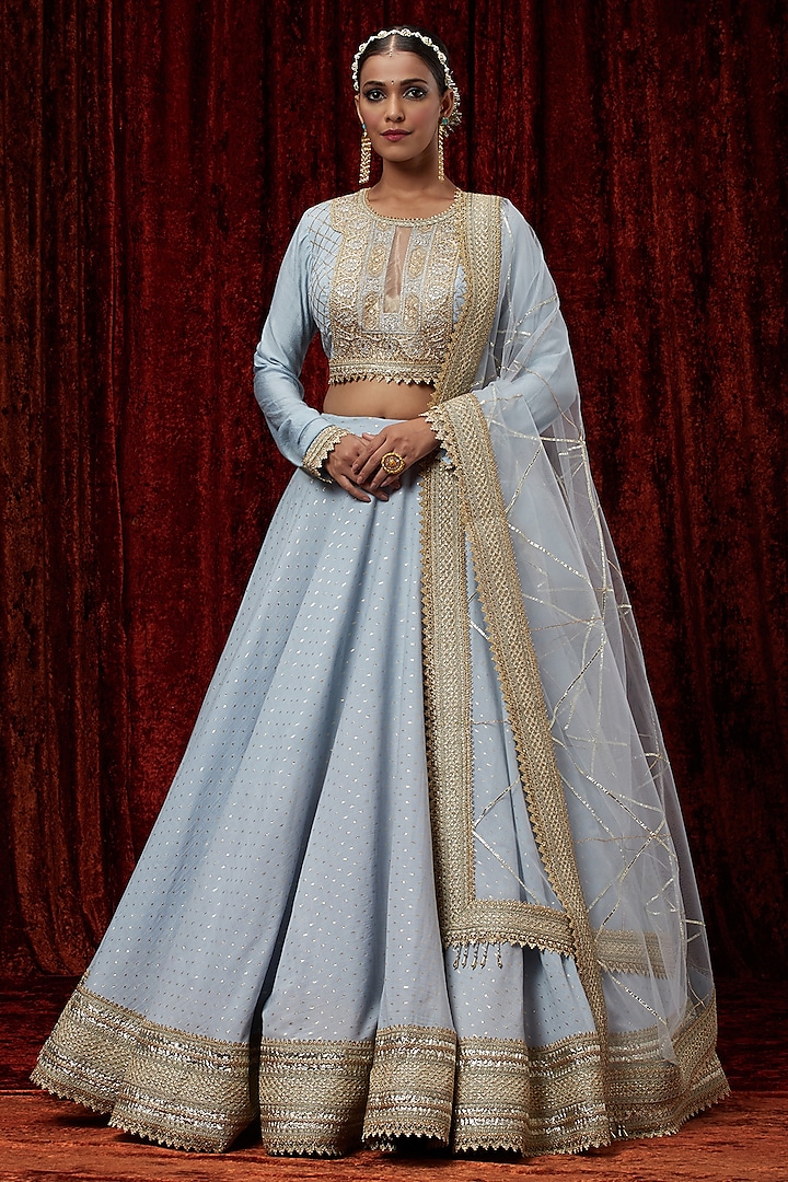 Powder Blue Cotton Chanderi Gota Embroidered Wedding Lehenga Set by Shikhar Sharma at Pernia's Pop Up Shop