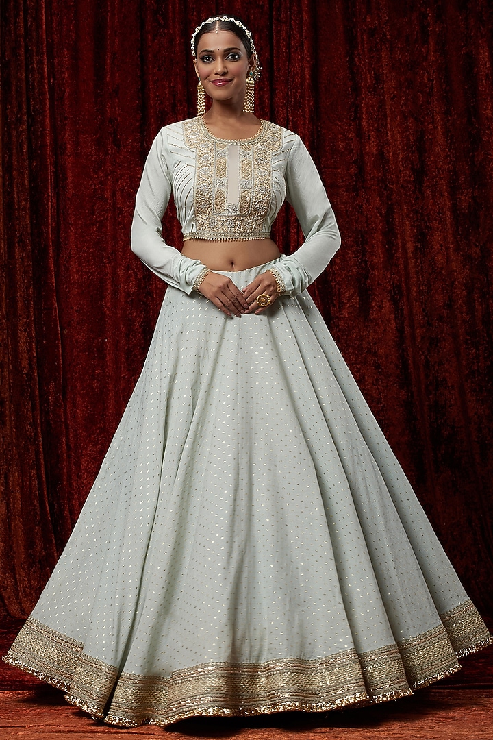 Light Sky Blue Cotton Chanderi Gota Embroidered Wedding Lehenga Set by Shikhar Sharma at Pernia's Pop Up Shop