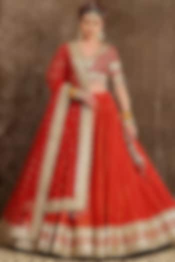 Reddish Orange Embroidered Lehenga Set by Shikhar Sharma