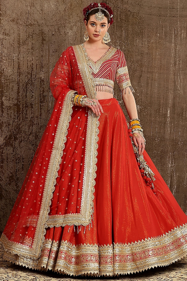 Reddish Orange Embroidered Lehenga Set by Shikhar Sharma