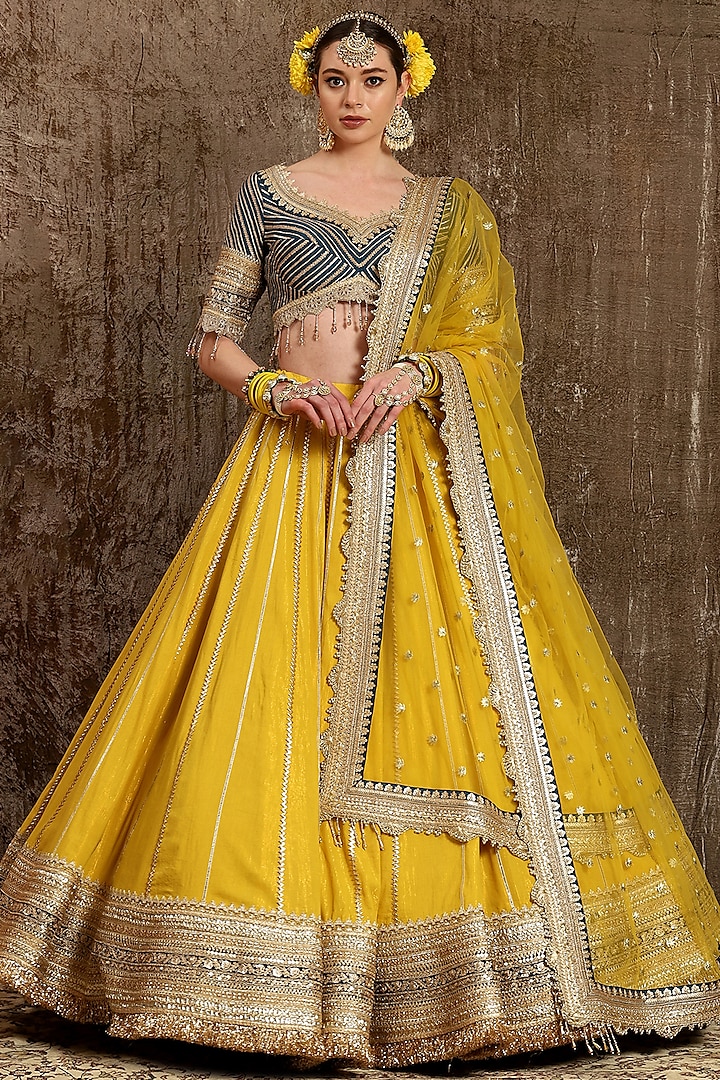 Yellow Machine Embroidered Wedding Lehenga Set by Shikhar Sharma at Pernia's Pop Up Shop