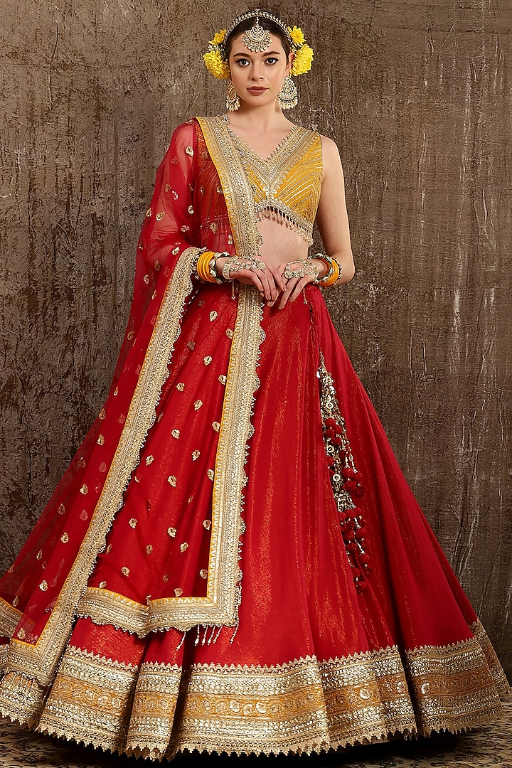 Rani Red Machine Embroidered Wedding Lehenga Set by Shikhar Sharma at Pernia's Pop Up Shop