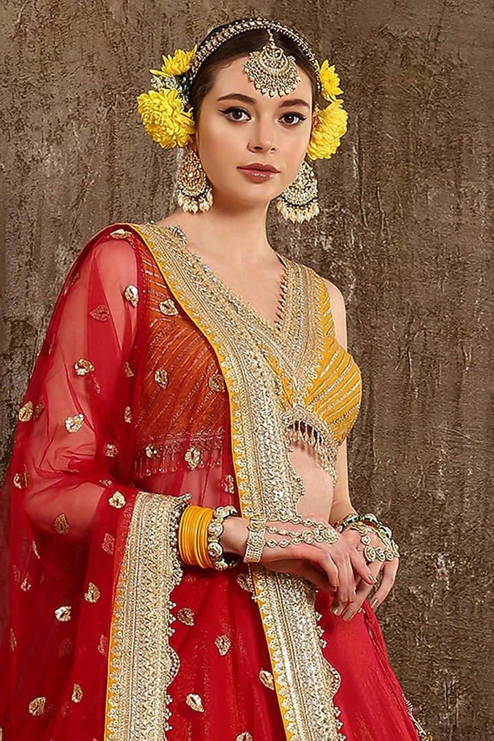 Rani Red Machine Embroidered Wedding Lehenga Set by Shikhar Sharma at Pernia's Pop Up Shop