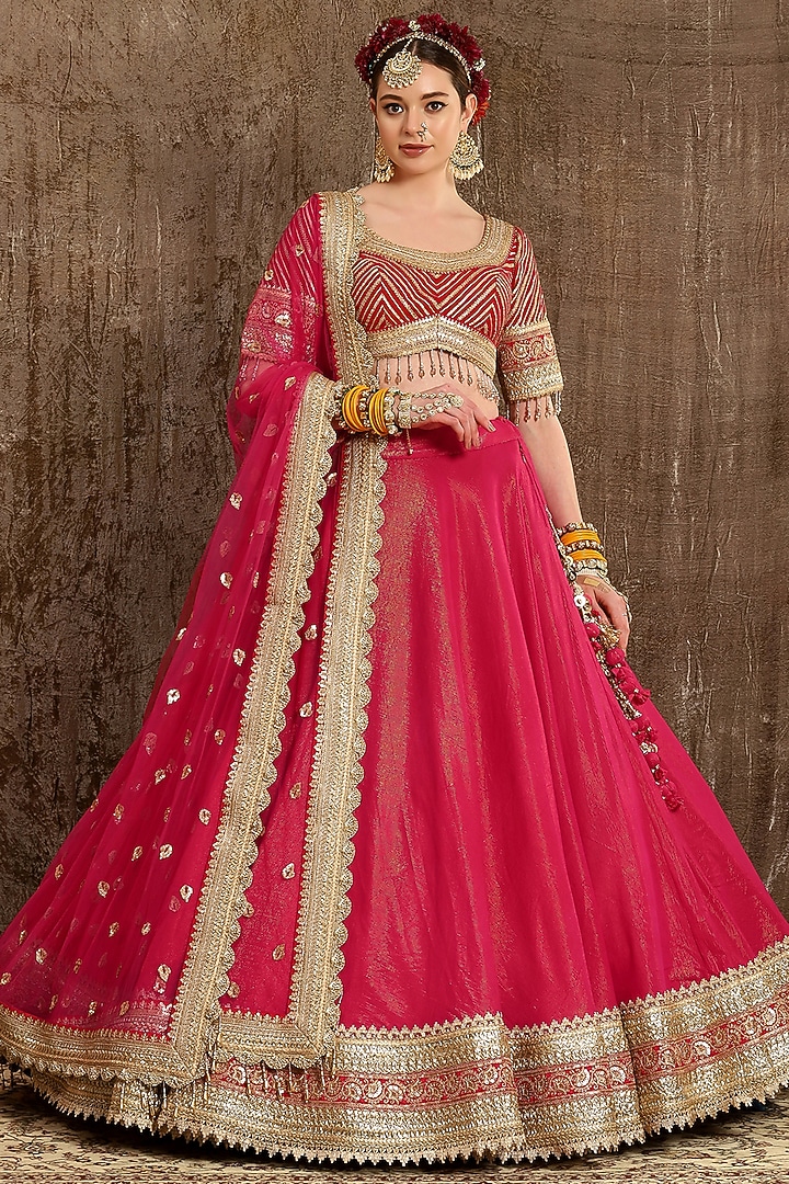 Rani Pink Machine Embroidered Wedding Lehenga Set by Shikhar Sharma at Pernia's Pop Up Shop