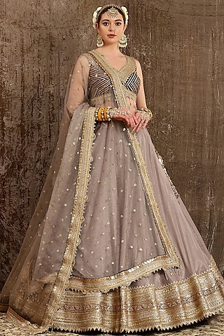Grey Machine Embroidered Lehenga Set by Shikhar Sharma