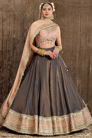 Charcoal Grey Machine Embroidered Lehenga Set by Shikhar Sharma