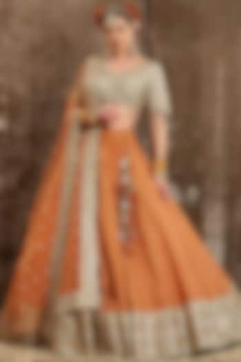 Light Orange Machine Embroidered Wedding Lehenga Set by Shikhar Sharma at Pernia's Pop Up Shop