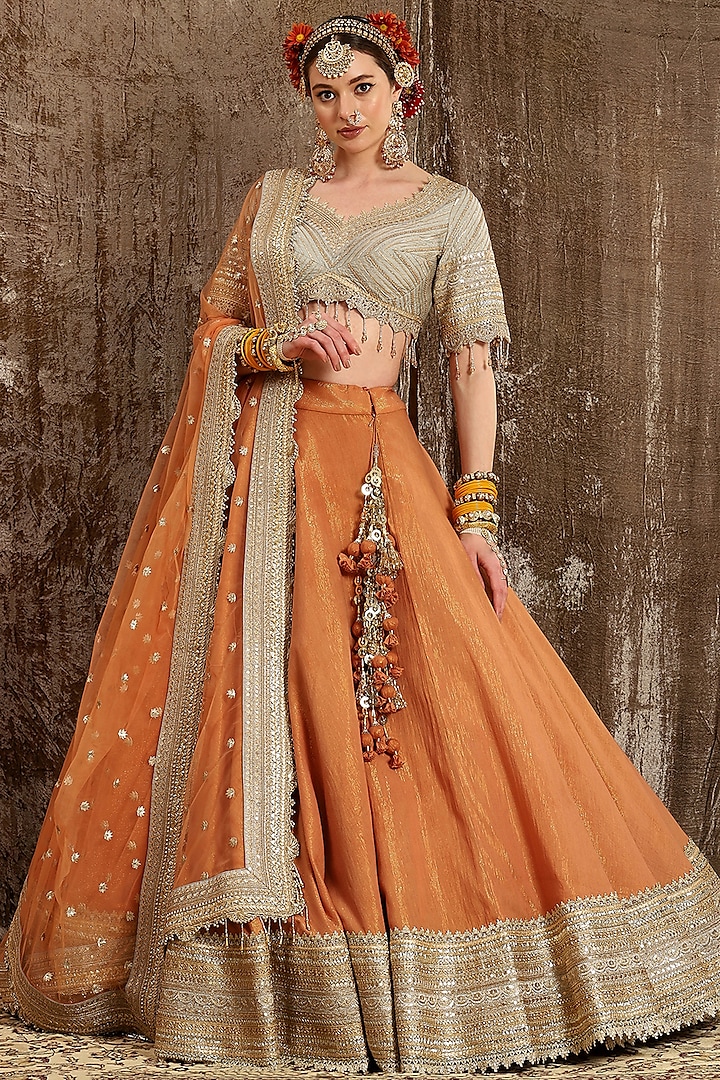 Light Orange Machine Embroidered Wedding Lehenga Set by Shikhar Sharma at Pernia's Pop Up Shop