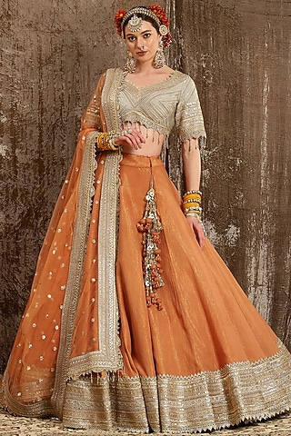 Light Orange Machine Embroidered Lehenga Set by Shikhar Sharma