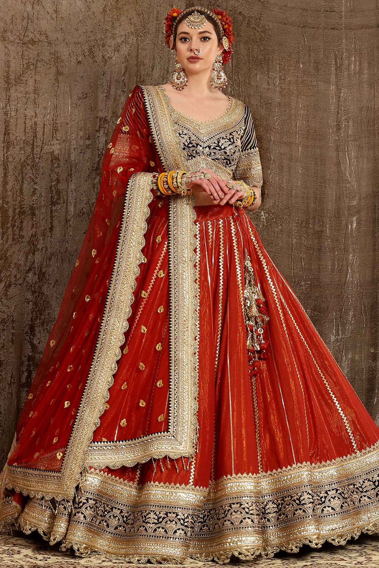 Brick Red Machine Embroidered Wedding Lehenga Set by Shikhar Sharma at Pernia's Pop Up Shop