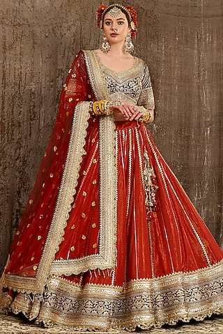 Brick Red Machine Embroidered Lehenga Set by Shikhar Sharma