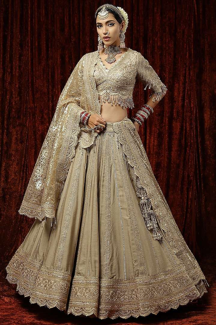 Light Gold Silk Chanderi Embroidered Wedding Lehenga Set by Shikhar Sharma at Pernia's Pop Up Shop
