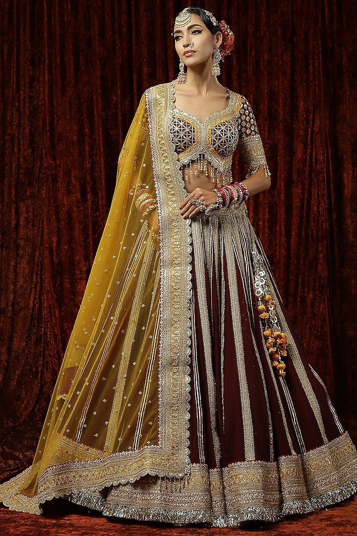 Maroon Silk Chanderi Embroidered Wedding Lehenga Set by Shikhar Sharma at Pernia's Pop Up Shop