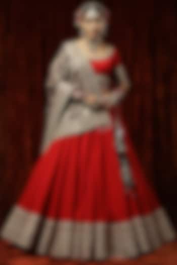Red Silk Chanderi Embroidered Lehenga Set by Shikhar Sharma