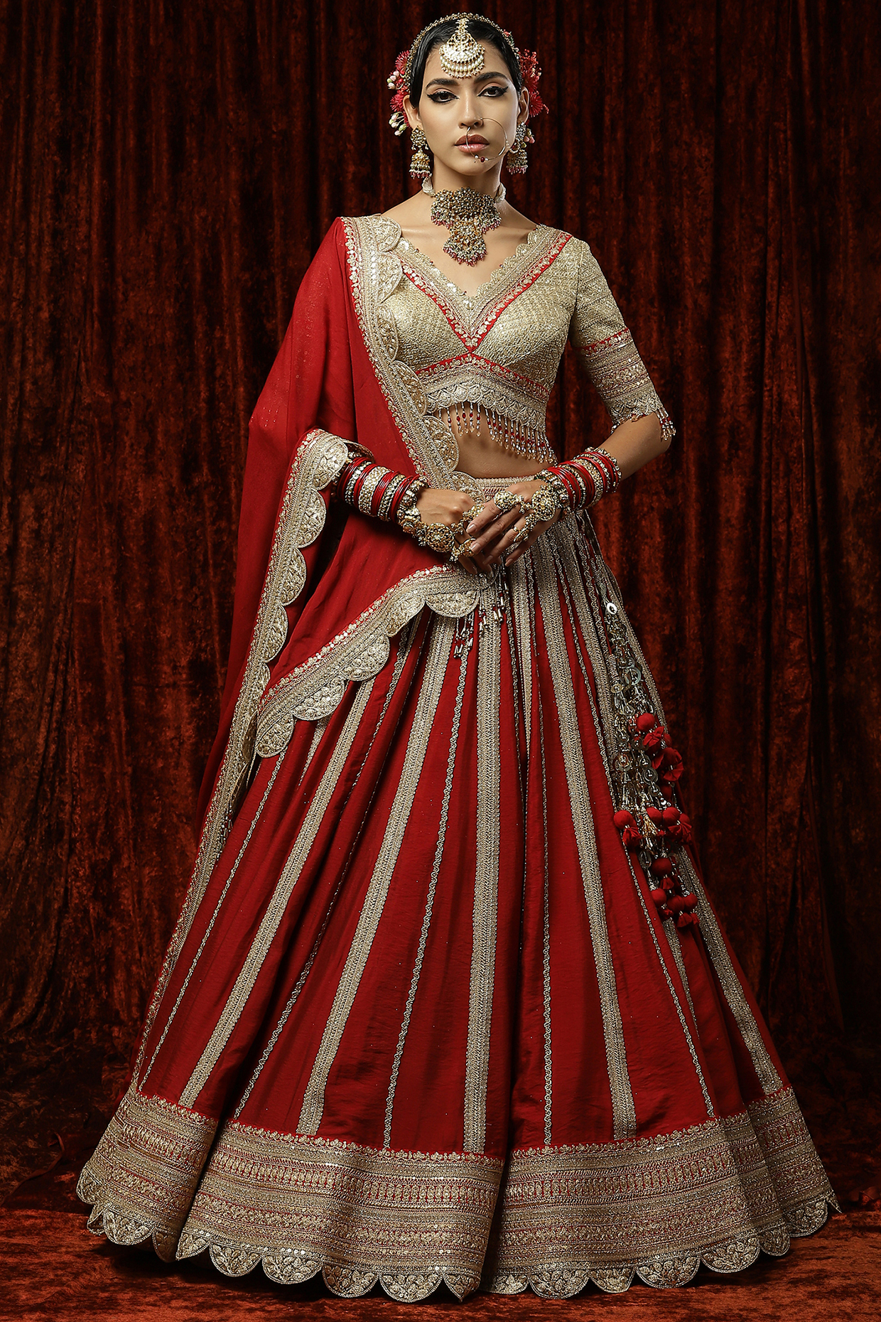 Red Silk Chanderi Embroidered Lehenga Set by Shikhar Sharma