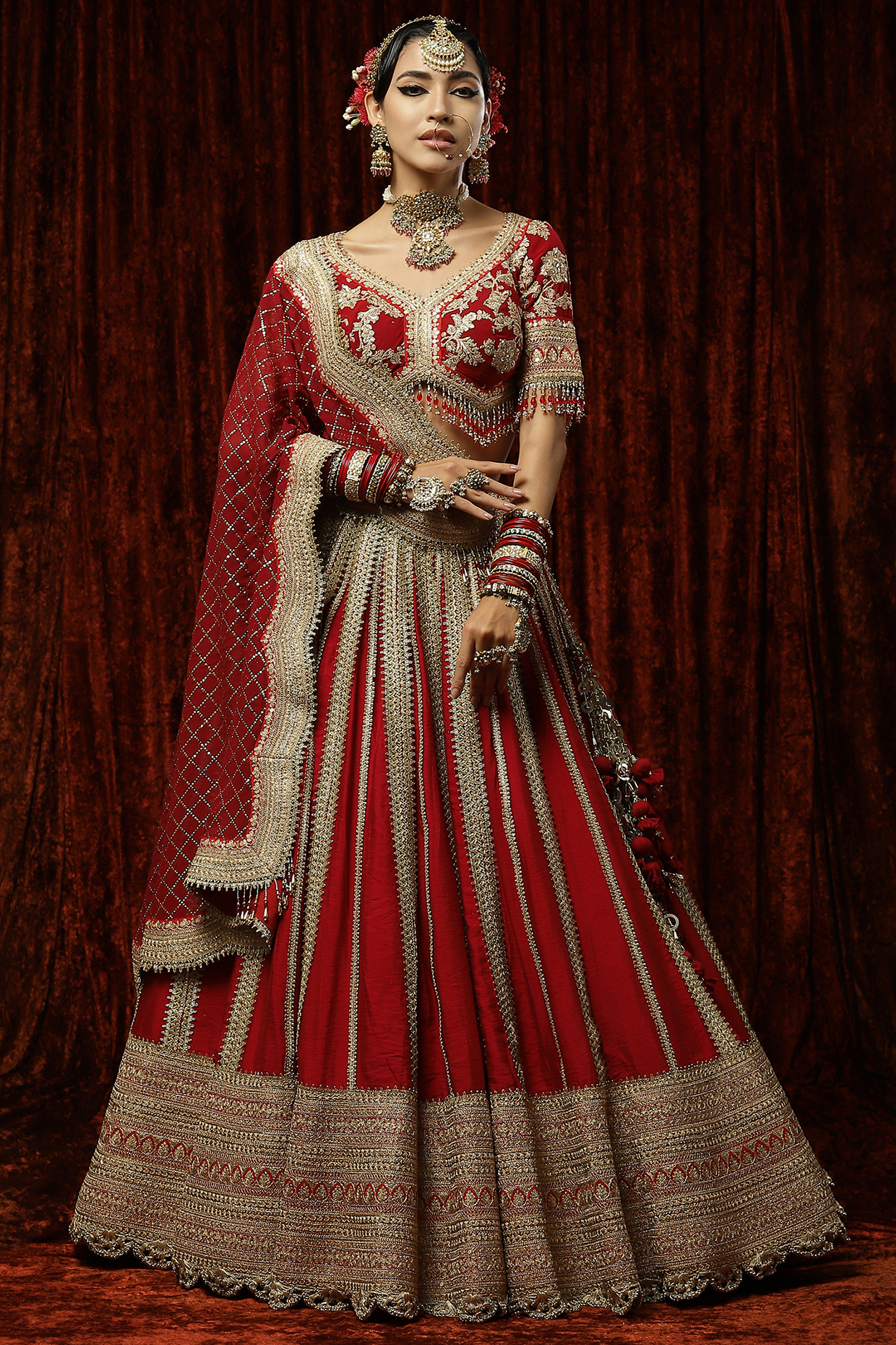 Ruby Red Silk Chanderi Embroidered Bridal Lehenga Set by Shikhar Sharma at Pernia's Pop Up Shop