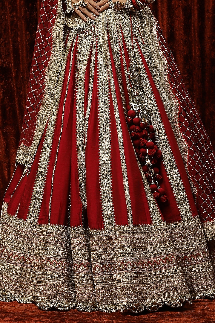 Ruby Red Silk Chanderi Embroidered Bridal Lehenga Set by Shikhar Sharma at Pernia's Pop Up Shop