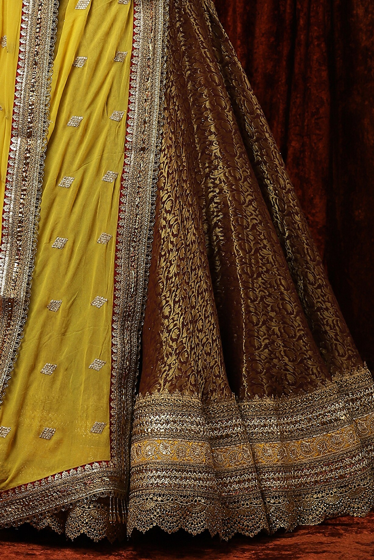 Bright Orange Pure Brocade Hand Embroidered Lehenga Set main image 1