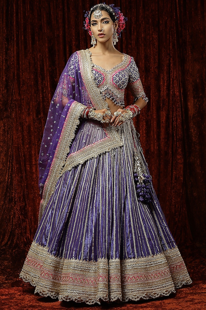 Purple Cotton Shimmer Chanderi Embroidered Lehenga Set by Shikhar Sharma