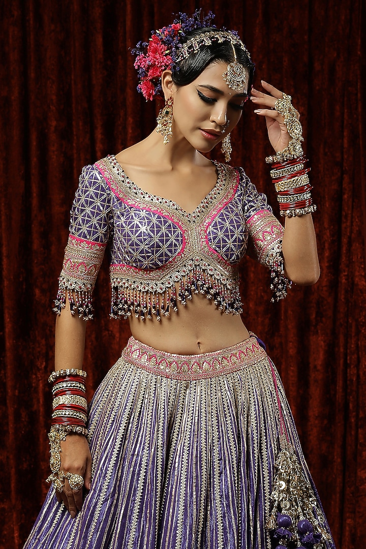Purple Cotton Shimmer Chanderi Embroidered Wedding Lehenga Set by Shikhar Sharma at Pernia's Pop Up Shop