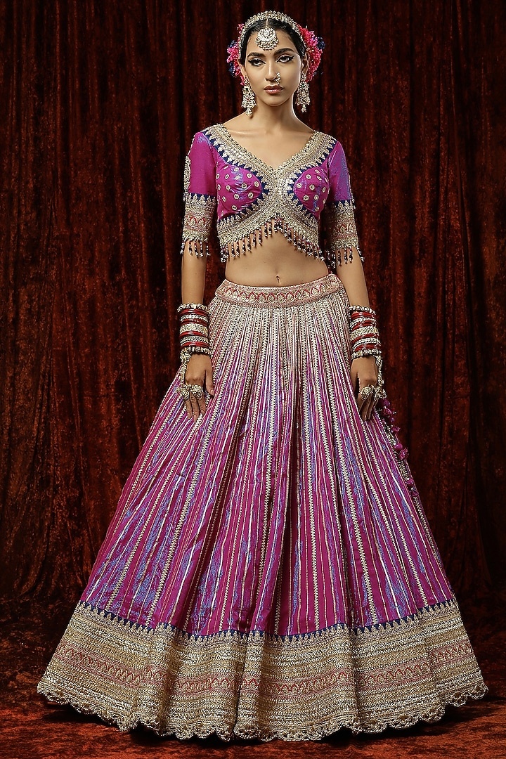 Mauve Cotton Shimmer Chanderi Embroidered Wedding Lehenga Set by Shikhar Sharma at Pernia's Pop Up Shop