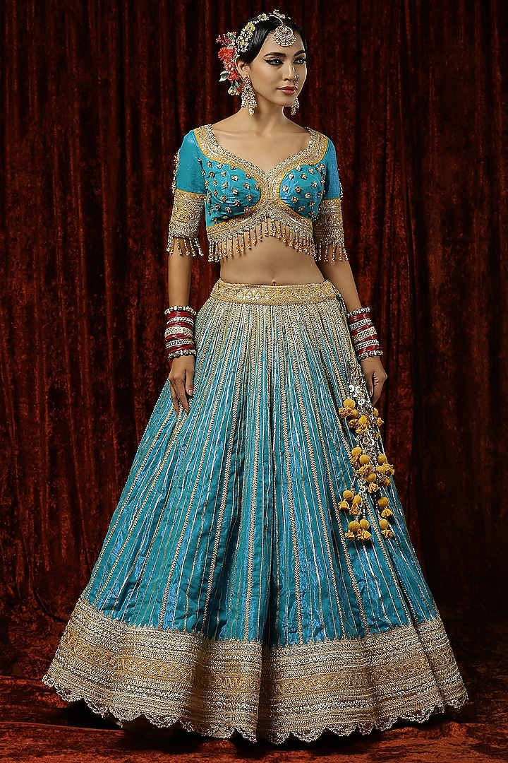 Ferozi Cotton Shimmer Chanderi Embroidered Wedding Lehenga Set by Shikhar Sharma at Pernia's Pop Up Shop