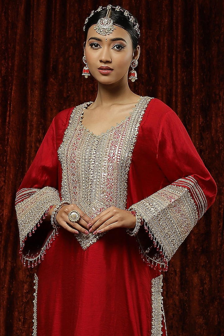 Dark Red Silk Chanderi Embroidered Kurta Set by Shikhar Sharma at Pernia's Pop Up Shop