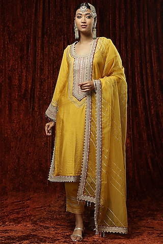 Yellow Silk Chanderi Embroidered Kurta Set by Shikhar Sharma