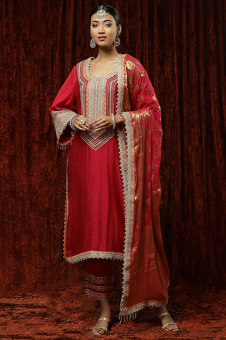 Rani Red Silk Chanderi Embroidered Kurta Set by Shikhar Sharma at Pernia's Pop Up Shop