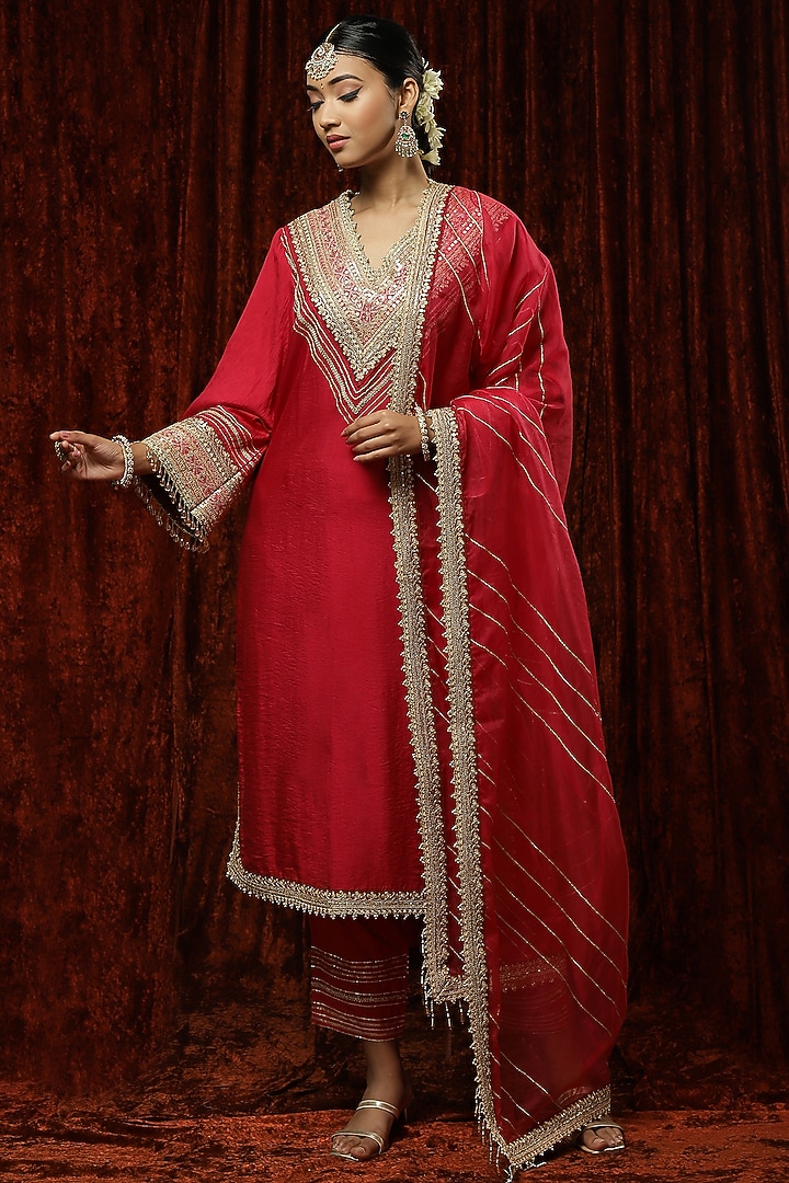 Rani Red Silk Chanderi Embroidered Kurta Set by Shikhar Sharma at Pernia's Pop Up Shop