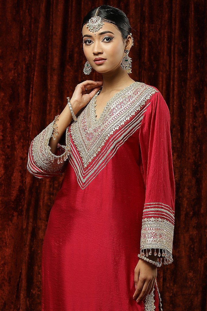 Rani Red Silk Chanderi Embroidered Kurta Set by Shikhar Sharma at Pernia's Pop Up Shop
