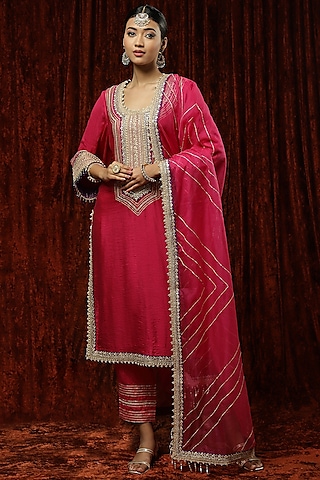 Rani Pink Silk Chanderi Embroidered Kurta Set by Shikhar Sharma