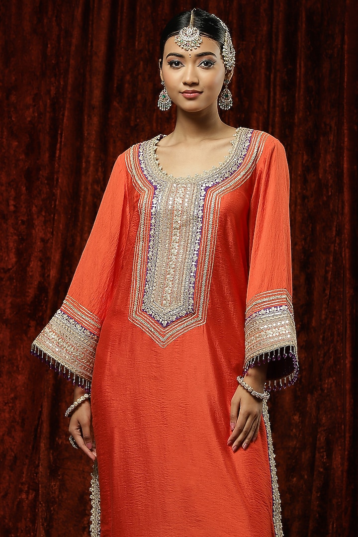 Orange Silk Chanderi Embroidered Kurta Set by Shikhar Sharma at Pernia's Pop Up Shop