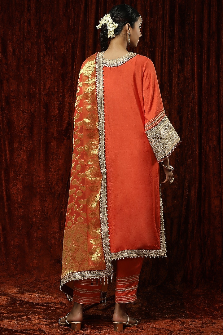 Orange Silk Chanderi Embroidered Kurta Set by Shikhar Sharma at Pernia's Pop Up Shop