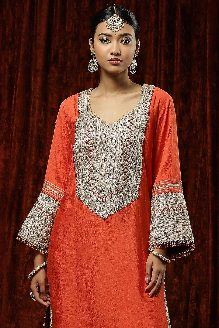 Orange Silk Chanderi Embroidered Kurta Set by Shikhar Sharma at Pernia's Pop Up Shop
