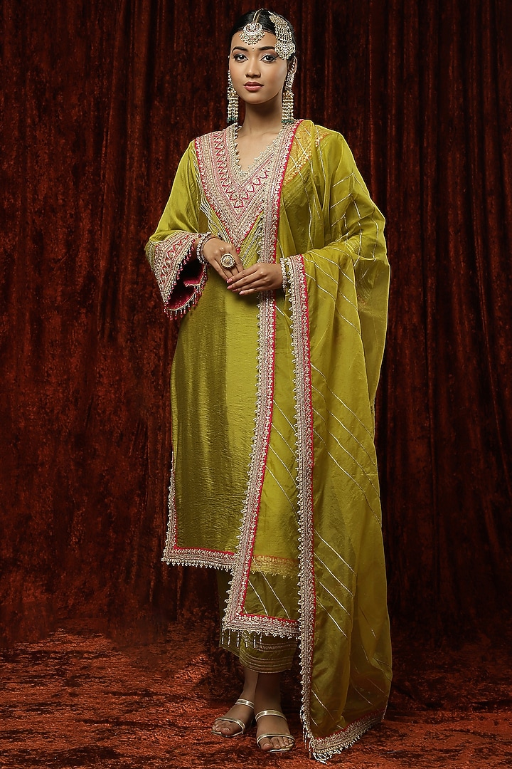 Lemon Green Silk Chanderi Embroidered Kurta Set by Shikhar Sharma at Pernia's Pop Up Shop