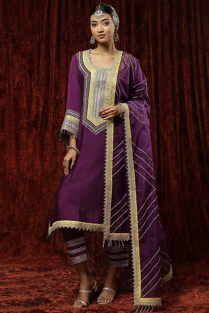 Purple Silk Chanderi Embroidered Kurta Set by Shikhar Sharma at Pernia's Pop Up Shop