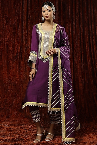 Purple Silk Chanderi Embroidered Kurta Set by Shikhar Sharma