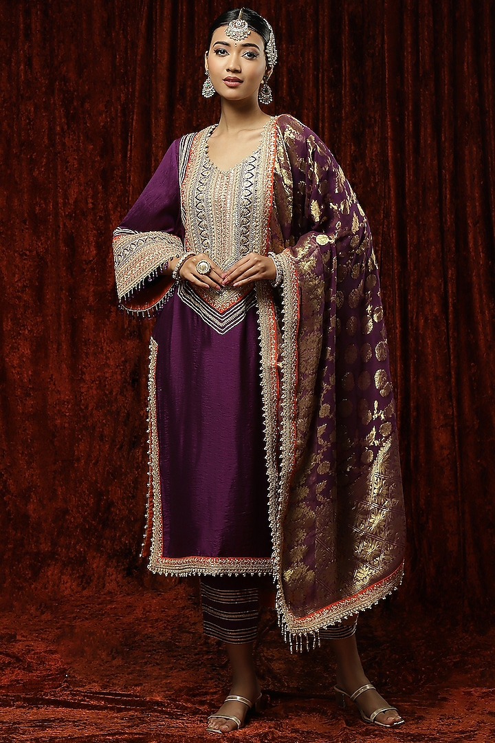 Purple Silk Chanderi Embroidered Kurta Set by Shikhar Sharma at Pernia's Pop Up Shop