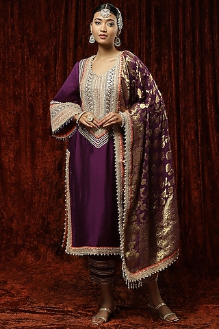 Purple Silk Chanderi Embroidered Kurta Set by Shikhar Sharma