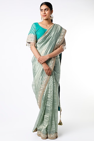 Firozi Metallic Tissue Dori & Zardosi Embroidered Saree Set by Shikhar Sharma