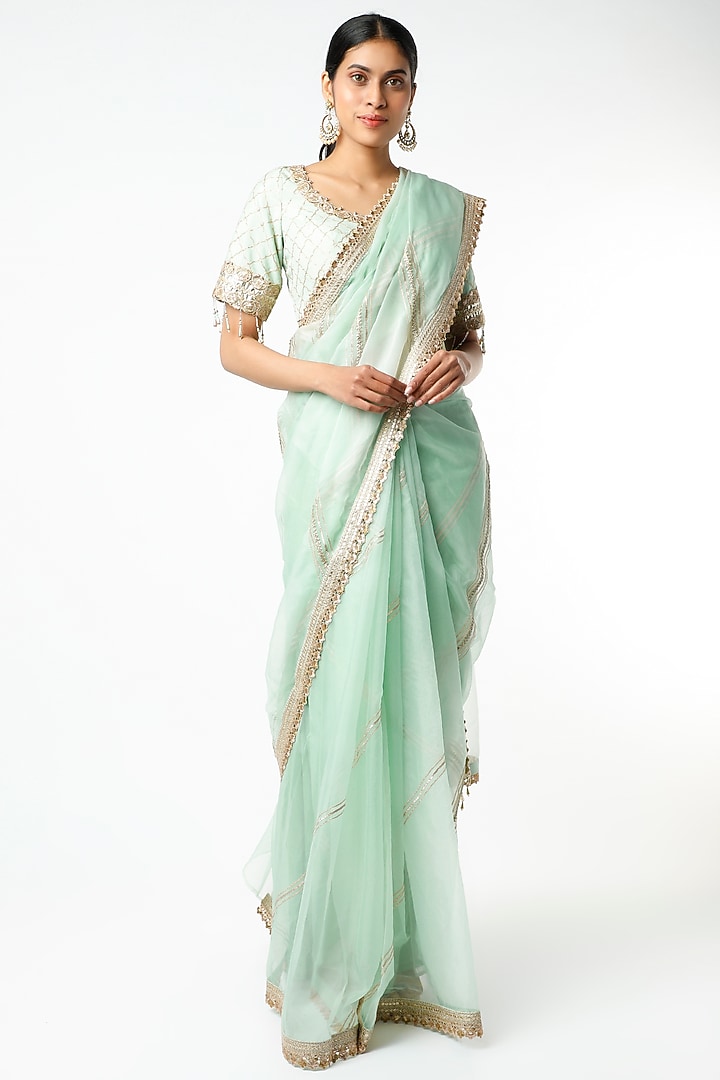 Sea Green Party Wear Saree Set With Kasab Work by Shikhar Sharma at Pernia's Pop Up Shop